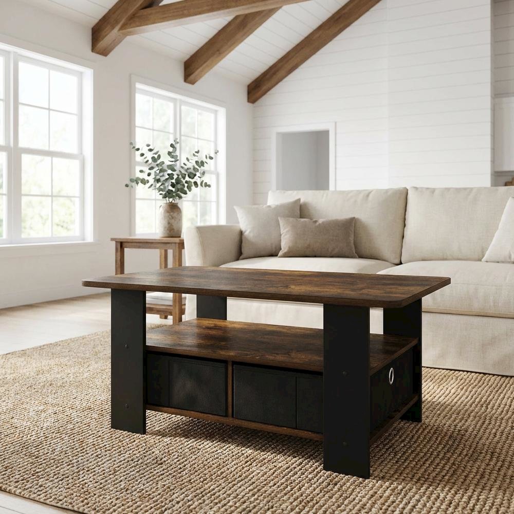 Amber Pine Black Coffee Table with Bin Drawer and Durable Construction. Picture 2
