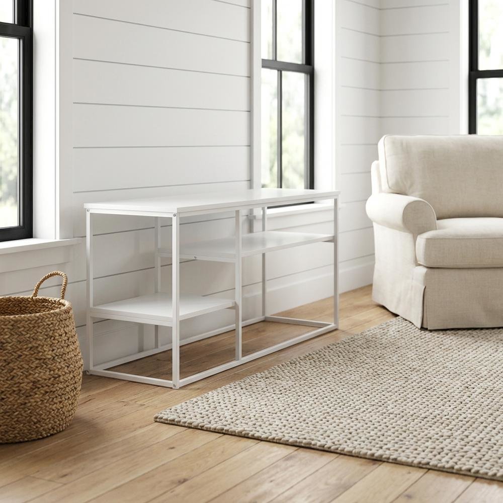 Modern White TV Stand for TVs up to 50 Inch with Solid Wood and Walnut Veneers. Picture 2