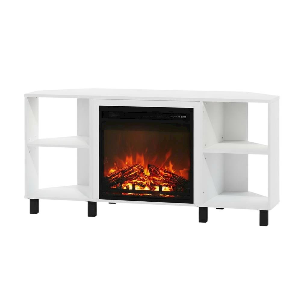 White Corner Fireplace TV Stand with 4 Open Storage Compartments in Wood Finish. Picture 1