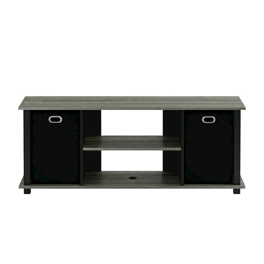 Wood Entertainment Center with Storage Bins in French Oak and Black Finish. Picture 4