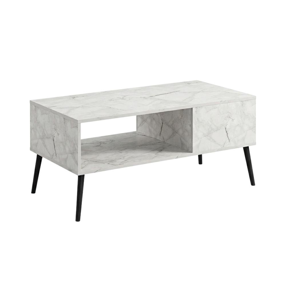 White marble TV stand for 40-inch screens with wood legs and mid-century design. Picture 1