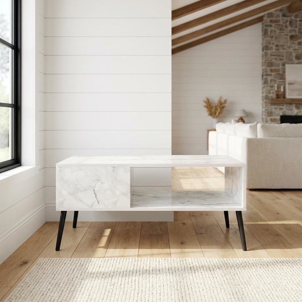 White marble TV stand for 40-inch screens with wood legs and mid-century design. Picture 2