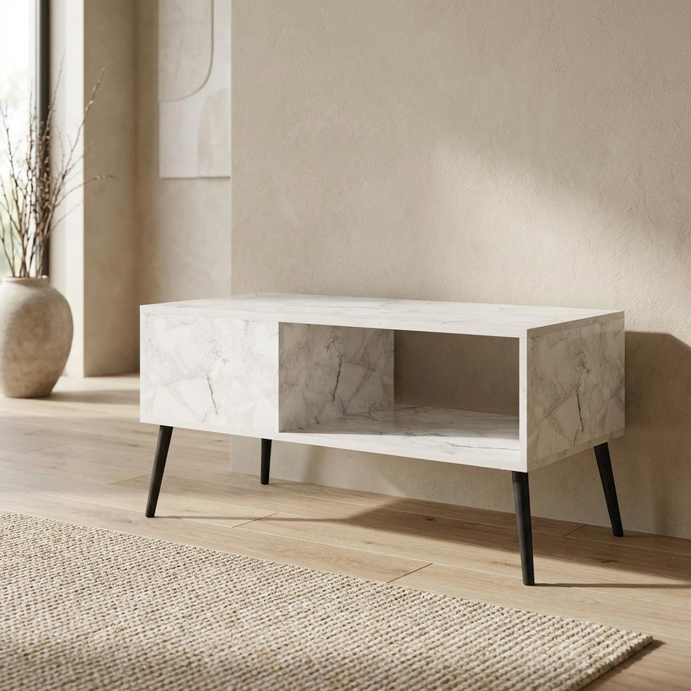 White marble TV stand for 40-inch screens with wood legs and mid-century design. Picture 3