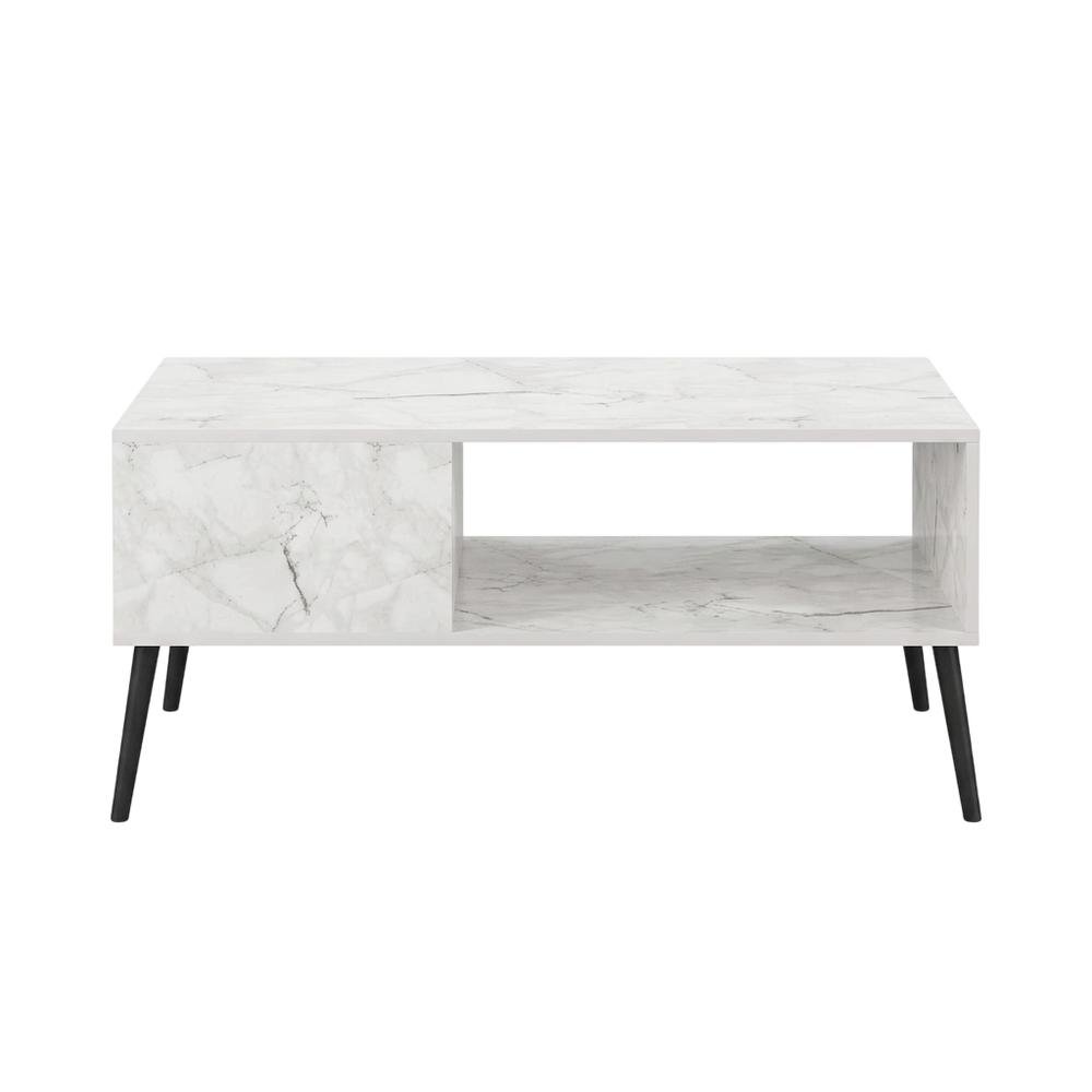 White marble TV stand for 40-inch screens with wood legs and mid-century design. Picture 4