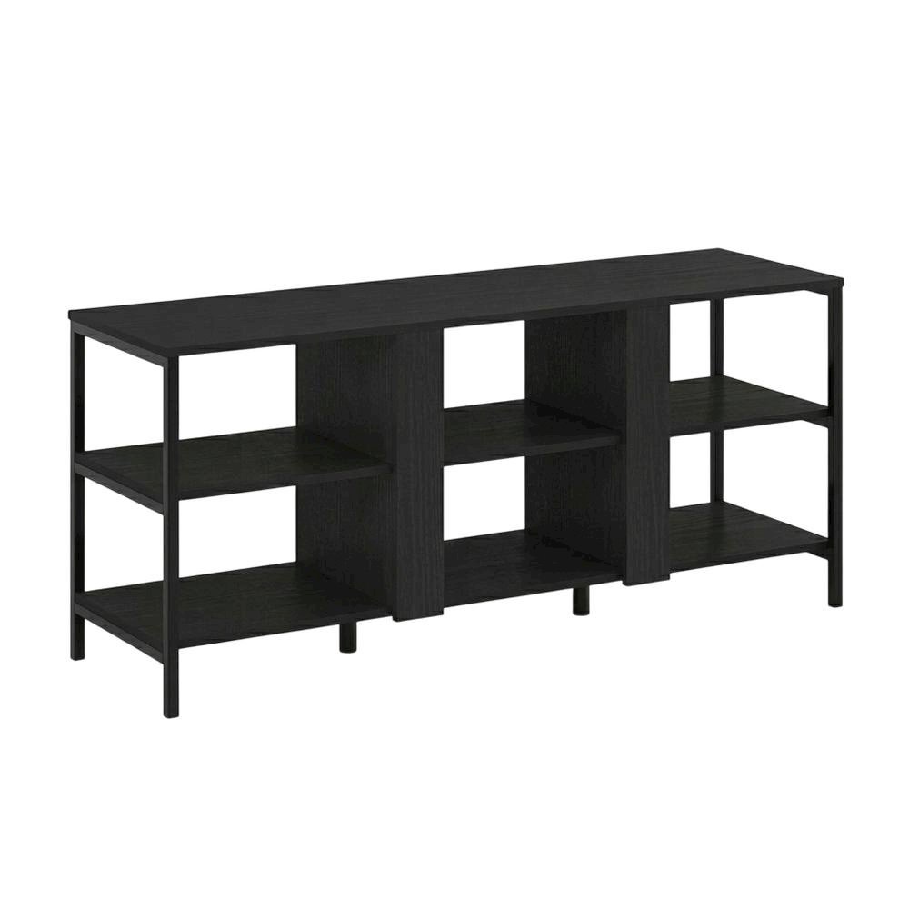 Modern black TV stand with open shelves for entertainment centers. Picture 1