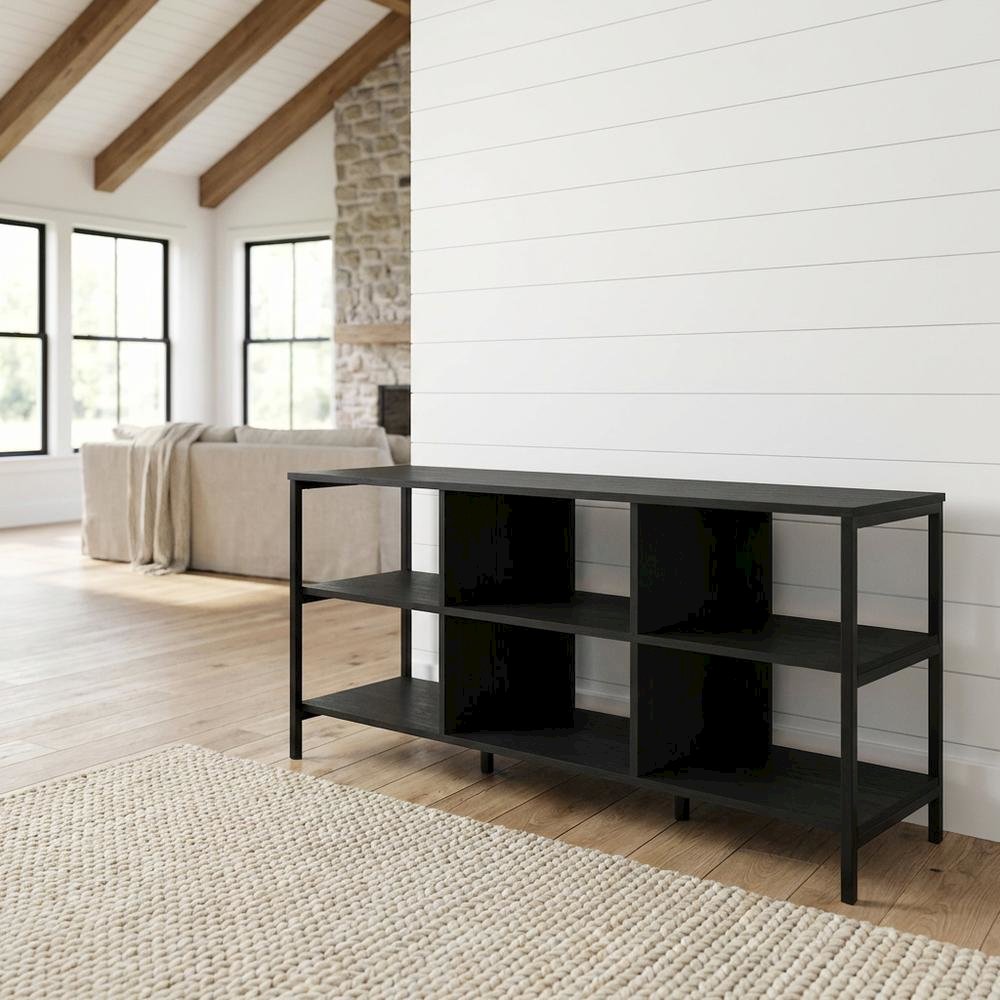Modern black TV stand with open shelves for entertainment centers. Picture 2