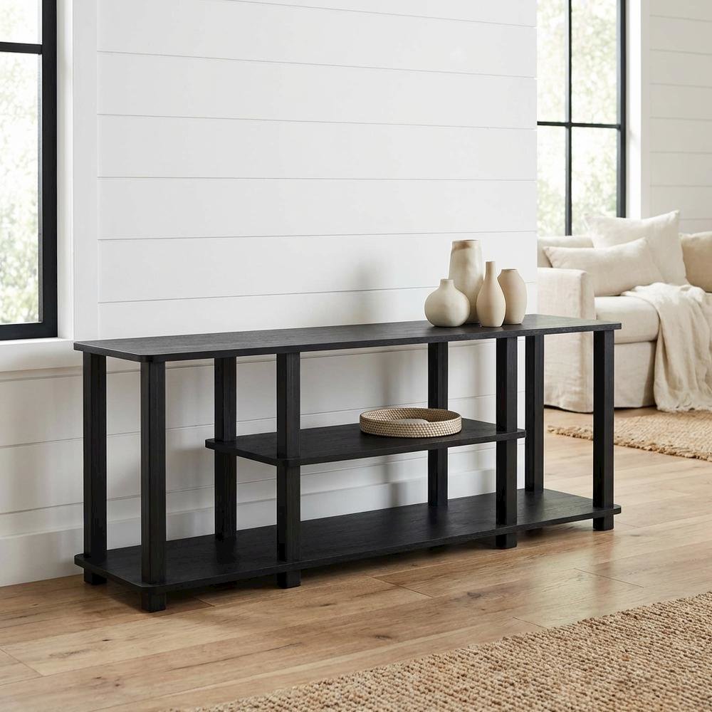 Black wood TV stand,  3-tier design, square tube frame, entertainment setup. Picture 2