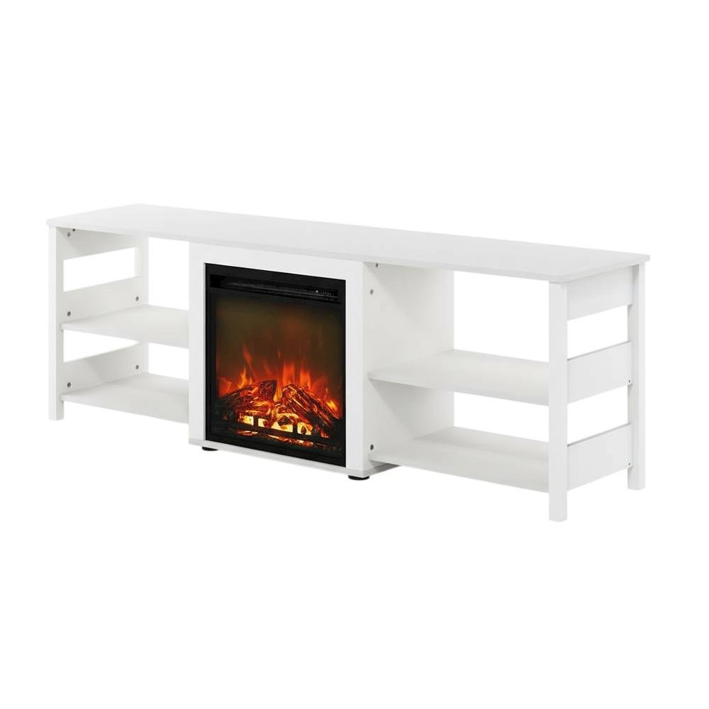 White Emboss TV Stand with Fireplace and Wooden Finish. Picture 1