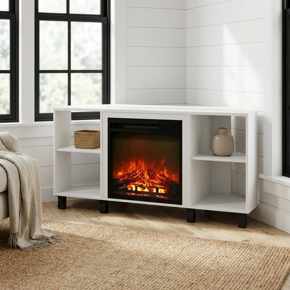 White Corner Fireplace TV Stand with 4 Open Storage Compartments in Wood Finish. Picture 2