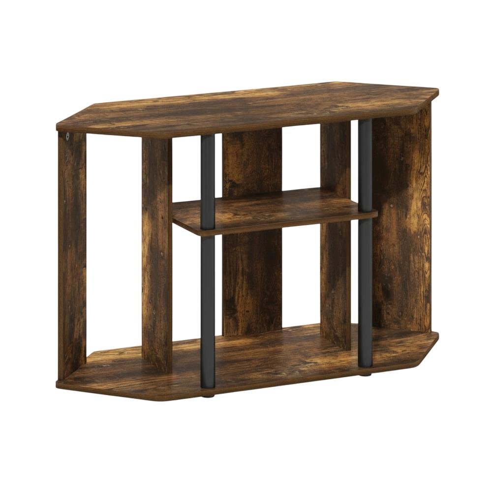 Wood TV Stand, Plastic Poles, Up to 43-Inch Screen in Amber Pine, Black. Picture 1