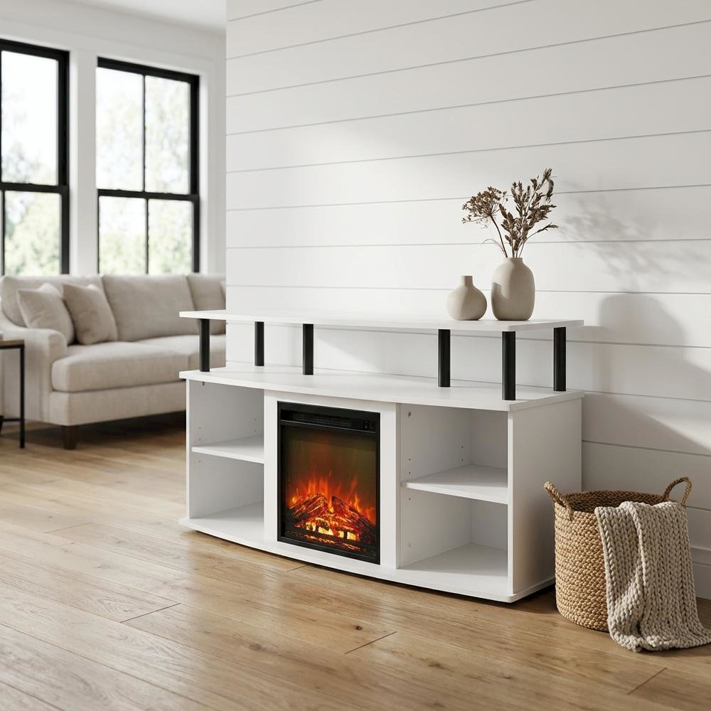 White open shelving, fireplace entertainment center, 55-inch TVs, rubberwood. Picture 2