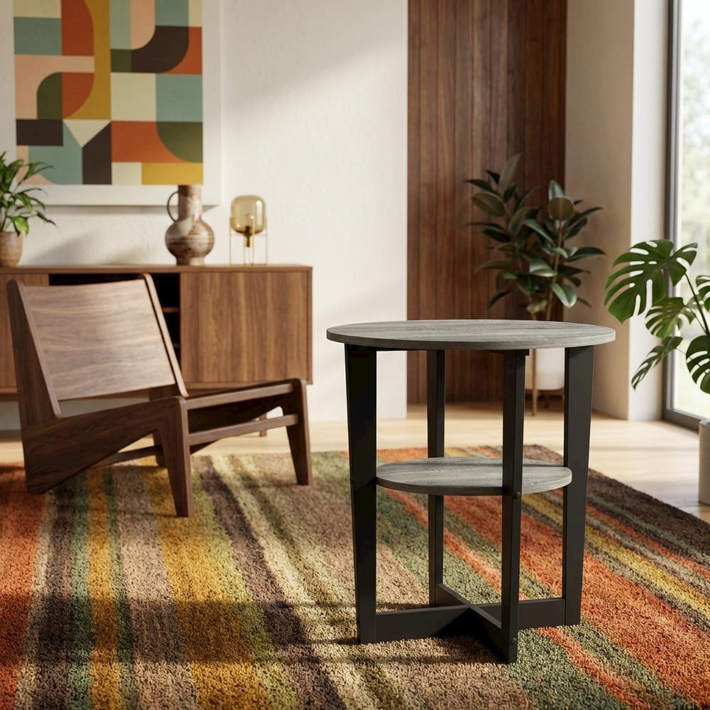 Modern French Oak Grey and Black Oval End Table Set (2). Picture 3