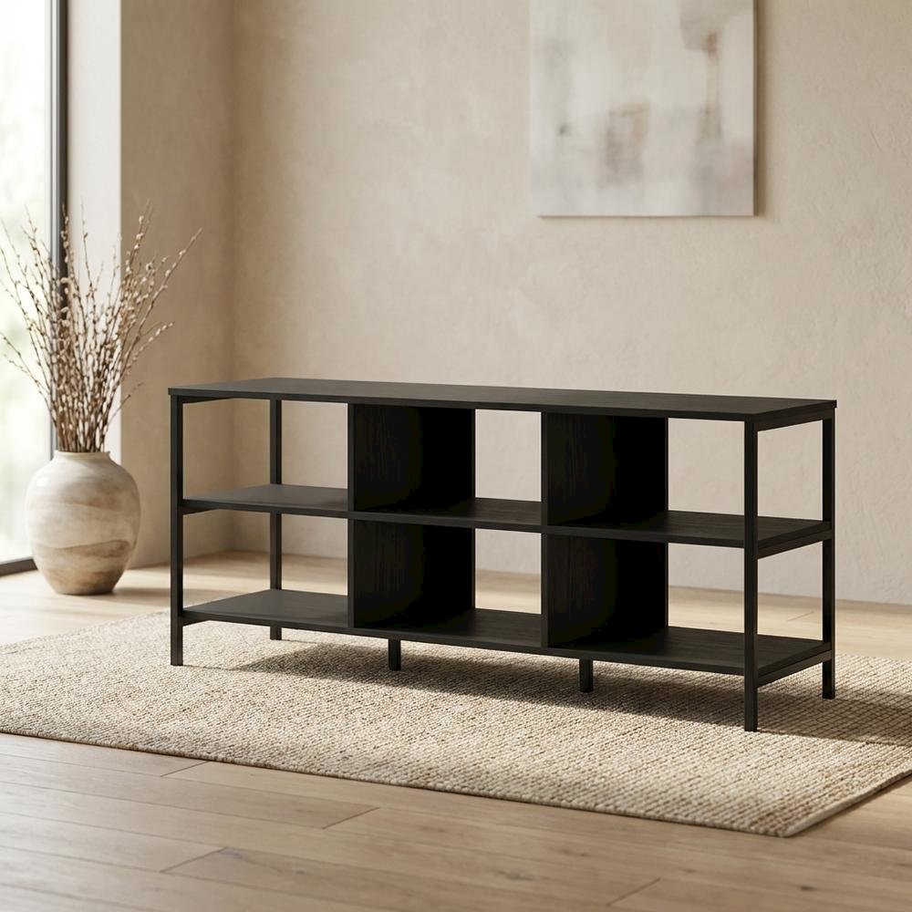 Modern black TV stand with open shelves for entertainment centers. Picture 3