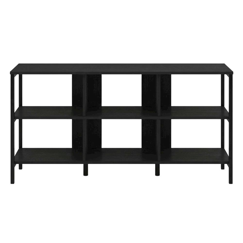 Modern black TV stand with open shelves for entertainment centers. Picture 4