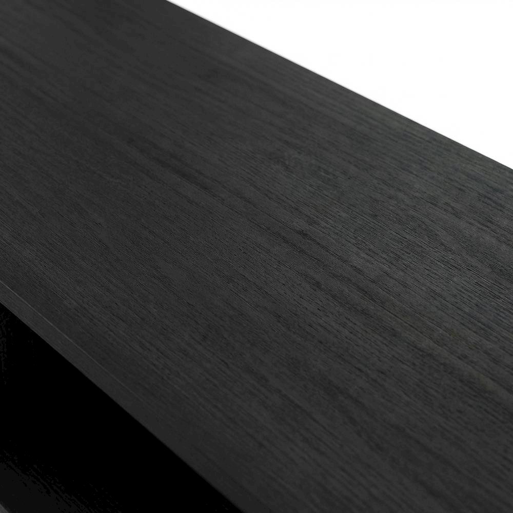 Modern black TV stand with open shelves for entertainment centers. Picture 5