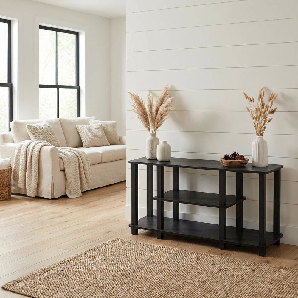 Black wood TV stand,  3-tier design, square tube frame, entertainment setup. Picture 3
