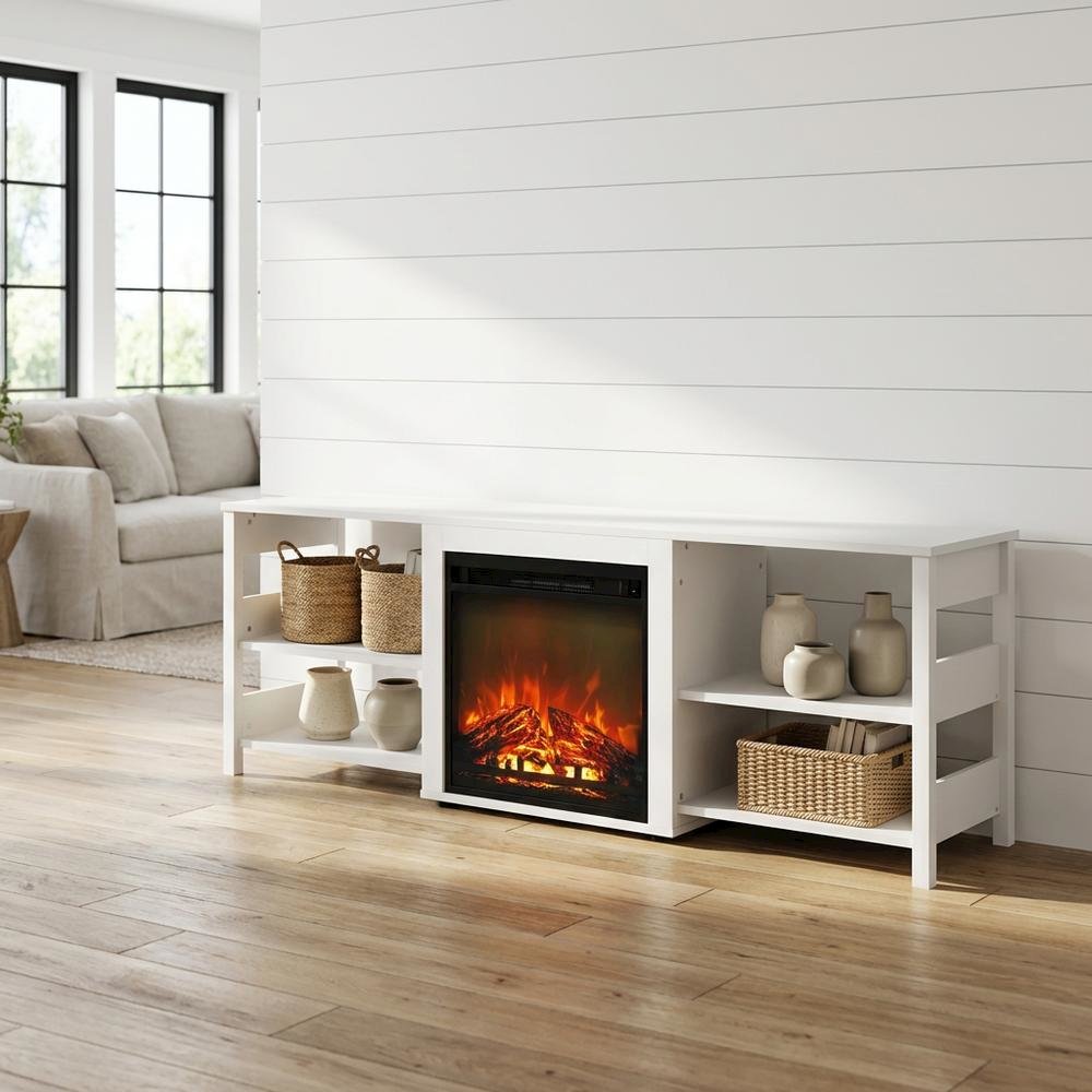 White Emboss TV Stand with Fireplace and Wooden Finish. Picture 2
