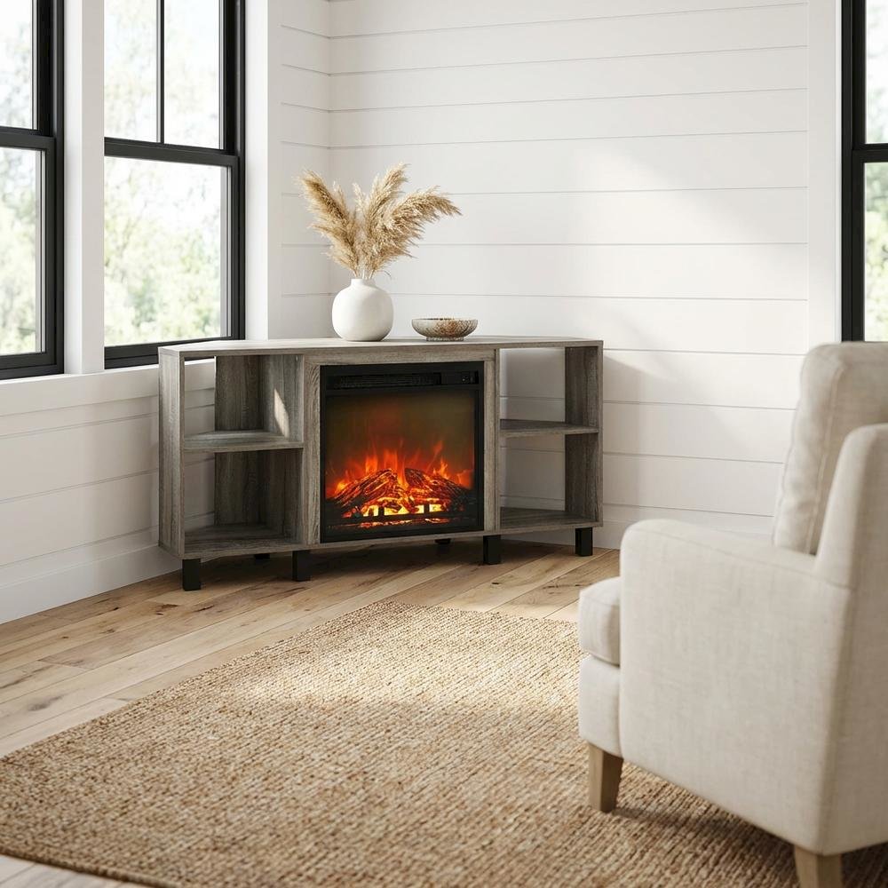 Wood TV stand with metal legs for up to 55-inch screens in French Oak Grey. Picture 2