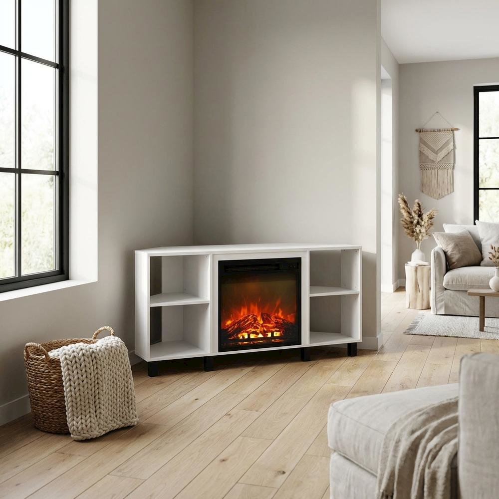 White Corner Fireplace TV Stand with 4 Open Storage Compartments in Wood Finish. Picture 3