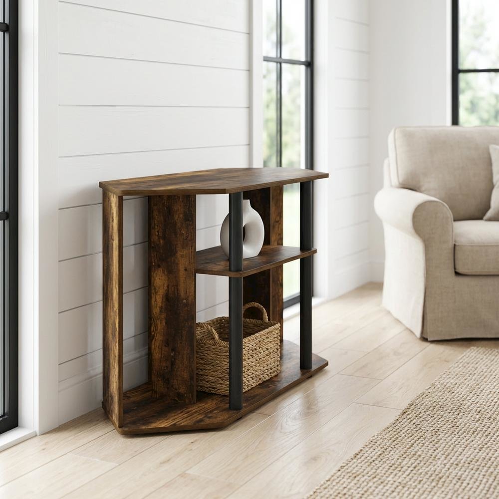Wood TV Stand, Plastic Poles, Up to 43-Inch Screen in Amber Pine, Black. Picture 2