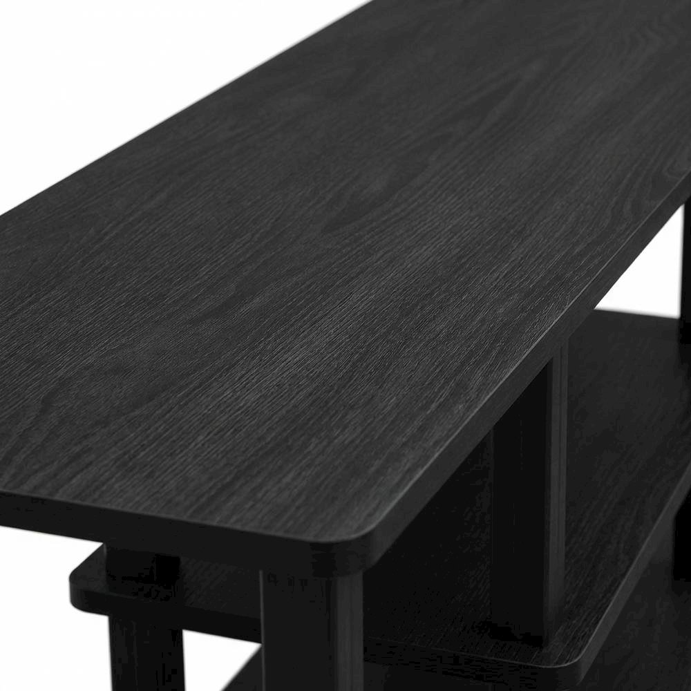 Black wood TV stand,  3-tier design, square tube frame, entertainment setup. Picture 5