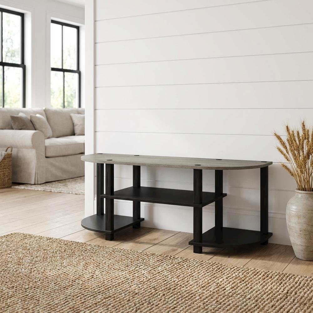 Wide TV entertainment center in French Oak Grey, black, wood, PVC tubes. Picture 2