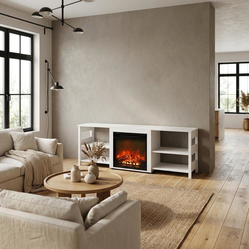 White Emboss TV Stand with Fireplace and Wooden Finish. Picture 3