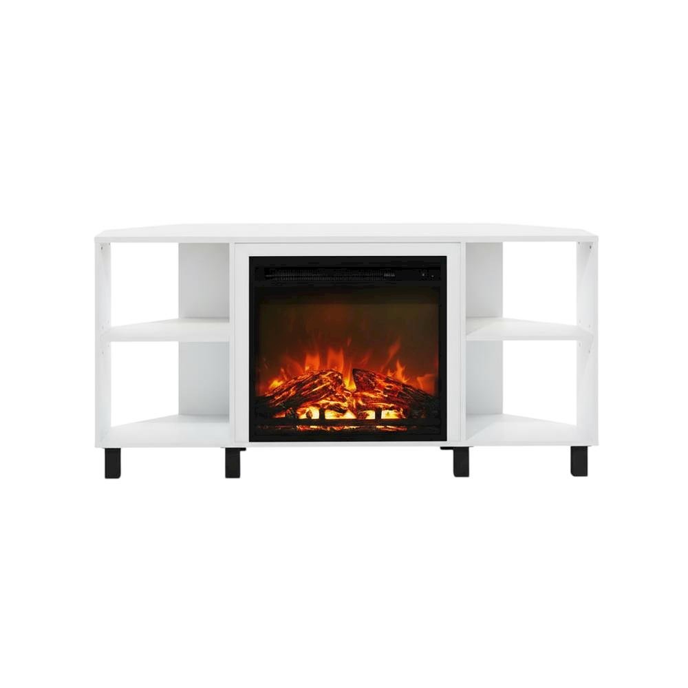 White Corner Fireplace TV Stand with 4 Open Storage Compartments in Wood Finish. Picture 4