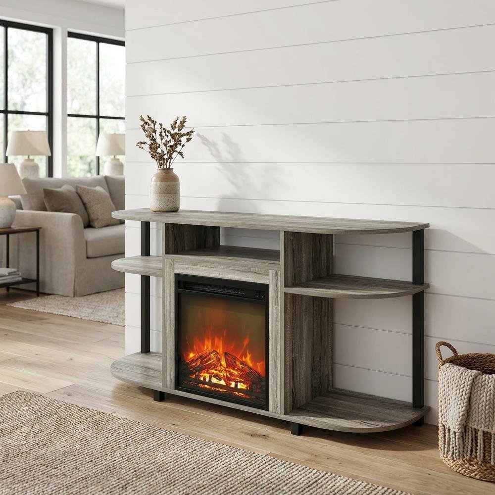 Gray entertainment center stand, fireplace insert, TV up to 55 inches, solid. Picture 2