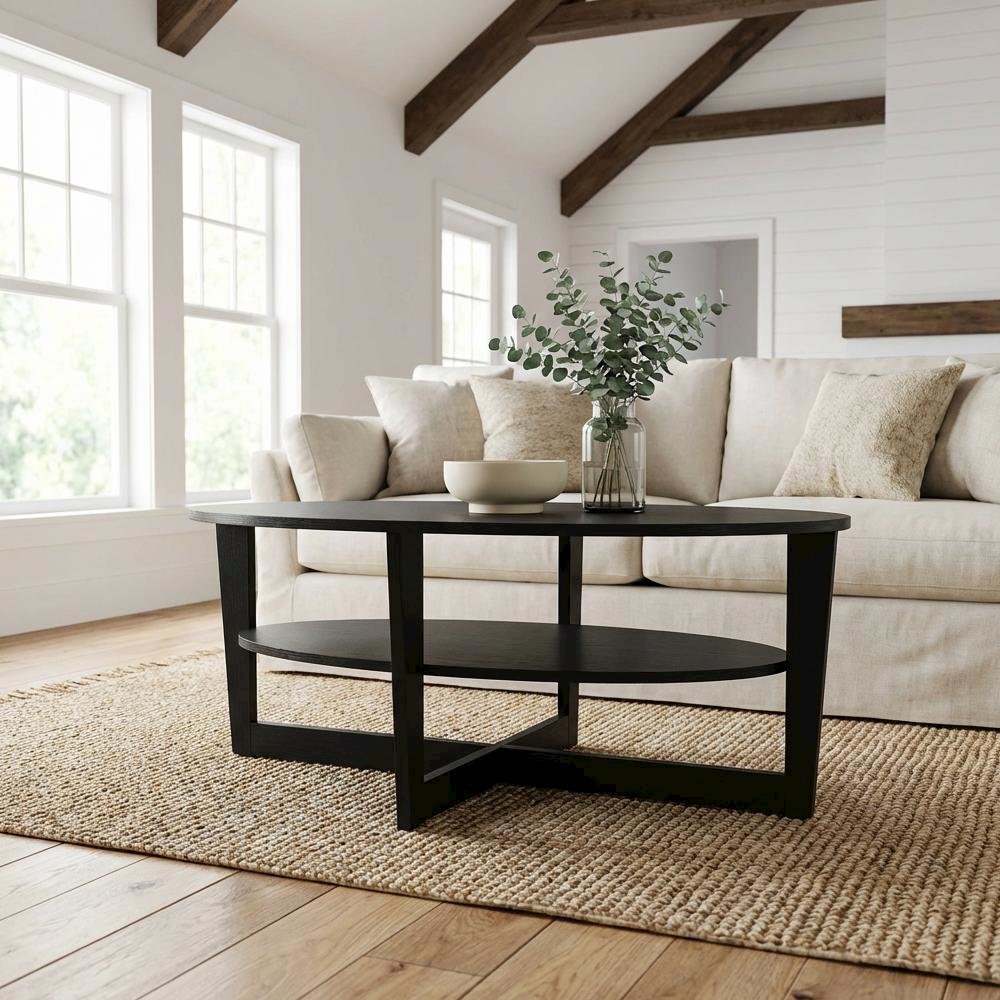Round Walnut Coffee Table with Sturdy Wood Base and Smooth Finish. Picture 2