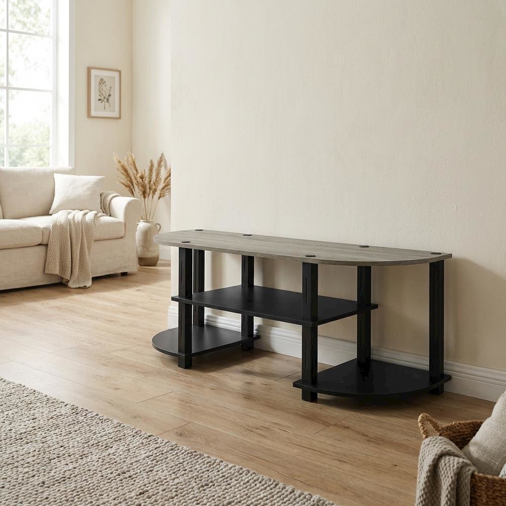 Wide TV entertainment center in French Oak Grey, black, wood, PVC tubes. Picture 3