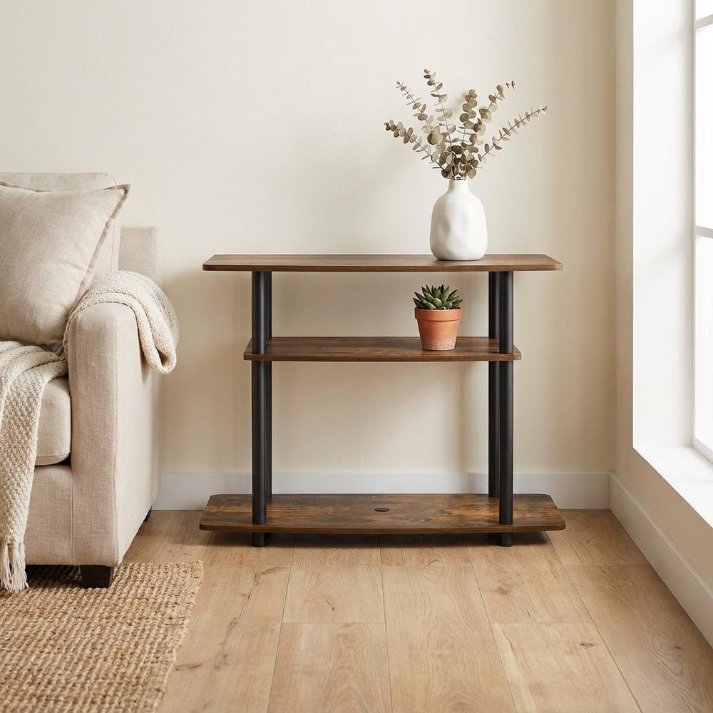 Gold 3-Tier TV Stand with Rubberwood & Walnut Veneer, Sturdy Multi-Level Design. Picture 3