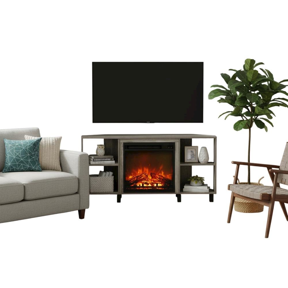 Wood TV stand with metal legs for up to 55-inch screens in French Oak Grey. Picture 4