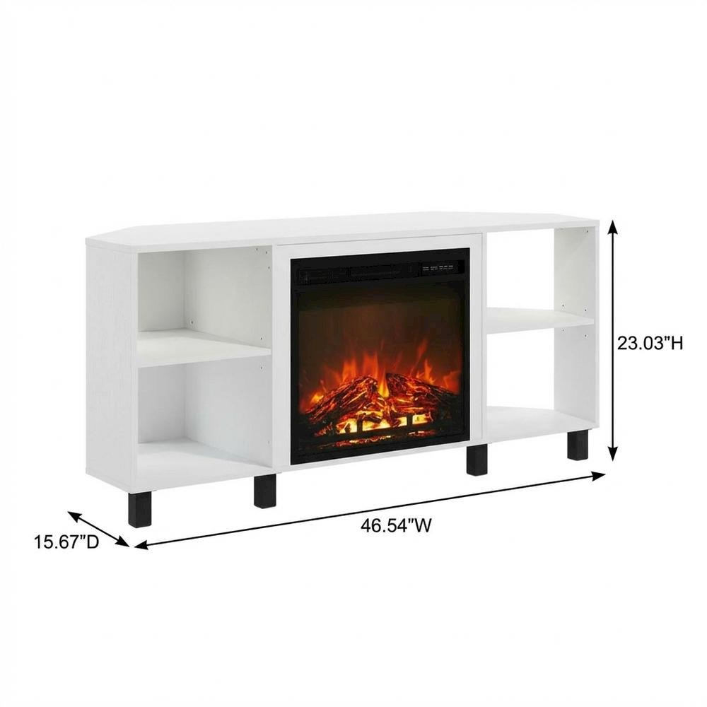 White Corner Fireplace TV Stand with 4 Open Storage Compartments in Wood Finish. Picture 7