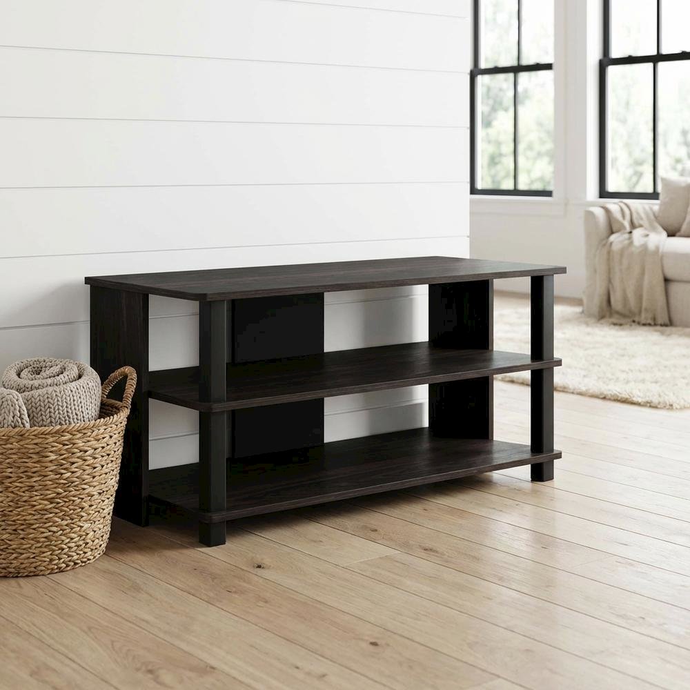 Wooden 3-Tier TV Stand in Espresso, Black, TVs up to 40 inches, ample storage. Picture 2
