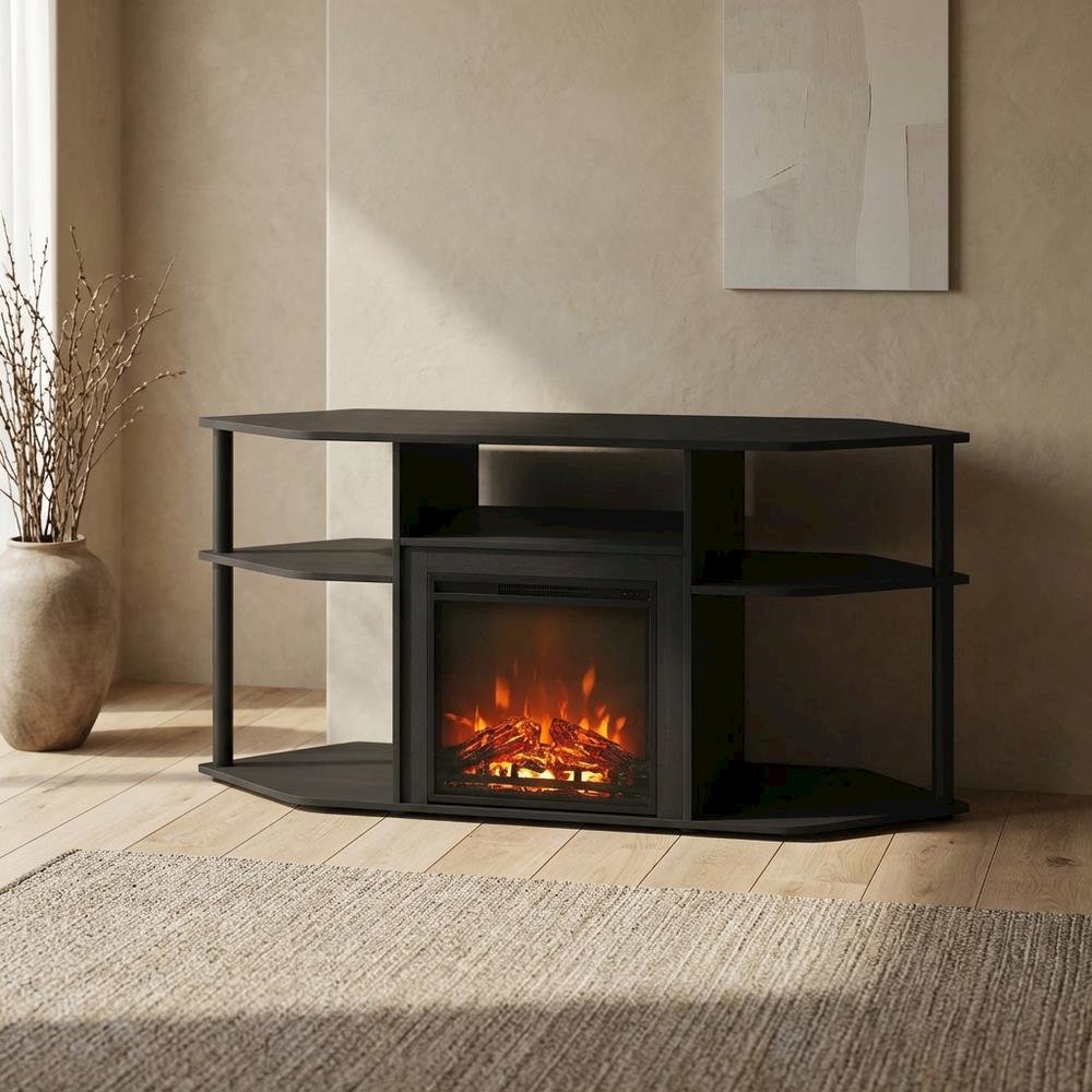 Dark Americano No Heat Fireplace TV Stand for 55-Inch TVs with Open Storage. Picture 5