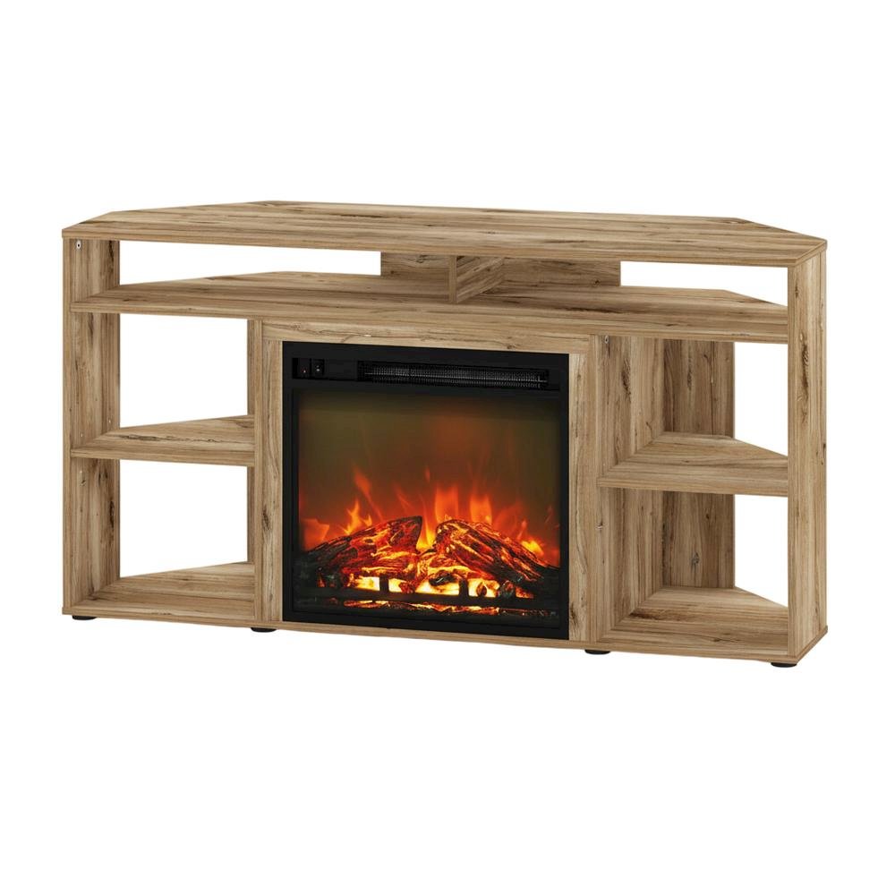 Brown Corner TV Stand with Fireplace for 55-Inch Screens in Rustic Wood Finish. Picture 1
