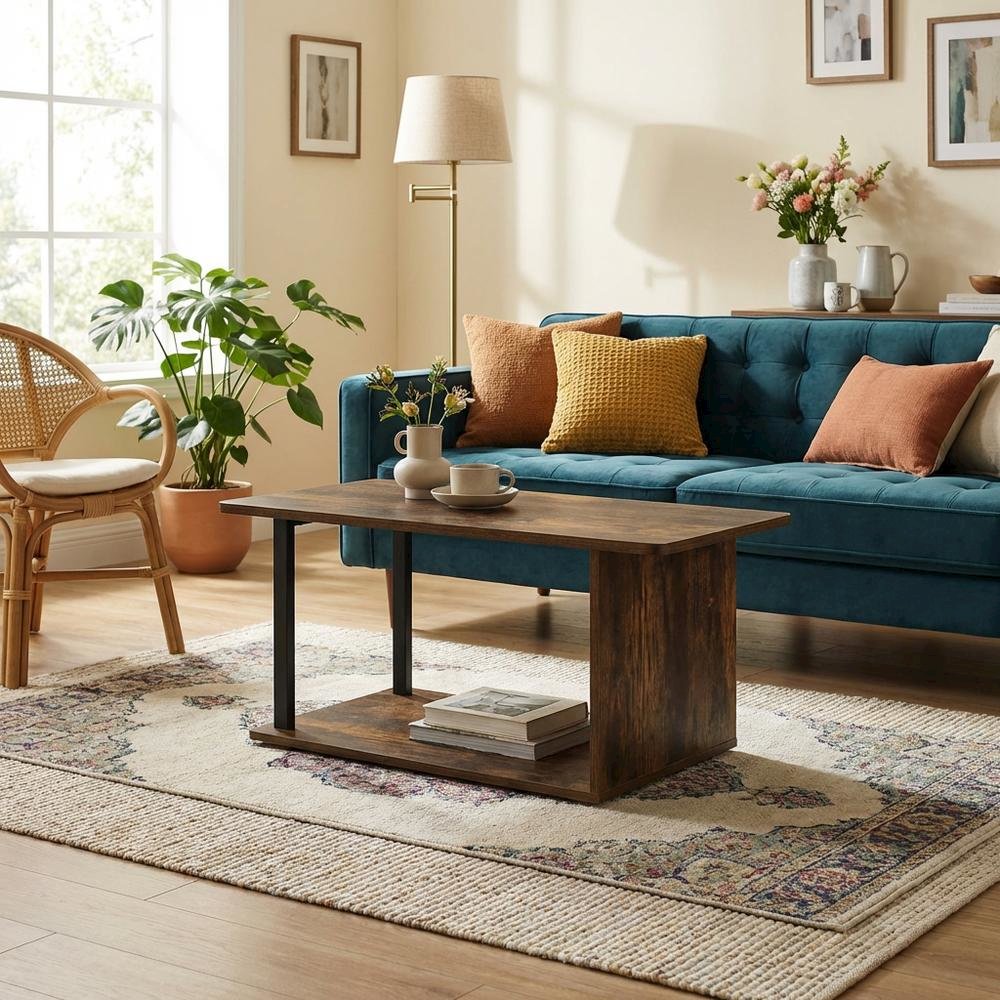 Modern Amber Oak Coffee Table with Open Shelf and 2 Tiers. Picture 2