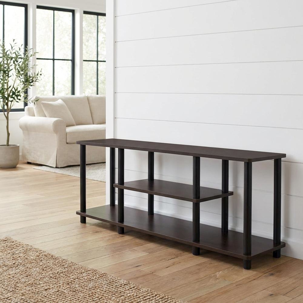 Dark Brown/Black 3-Tier TV Stand with Composite Wood and Plastic Poles. Picture 2
