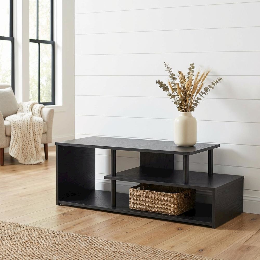 Low Profile TV Stand in Black Wood Finish with Composite Construction. Picture 2