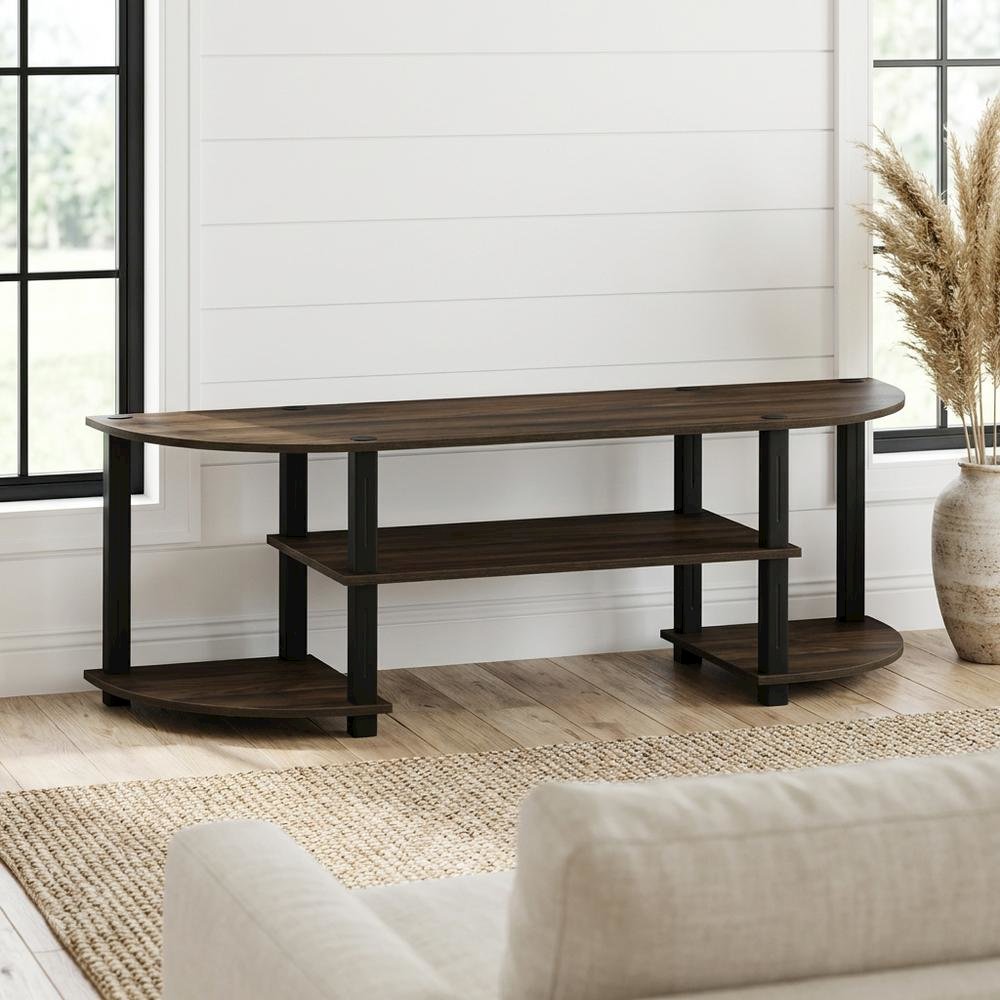 Walnut and Black TV Stand with Wide Surface and Storage Compartments. Picture 2