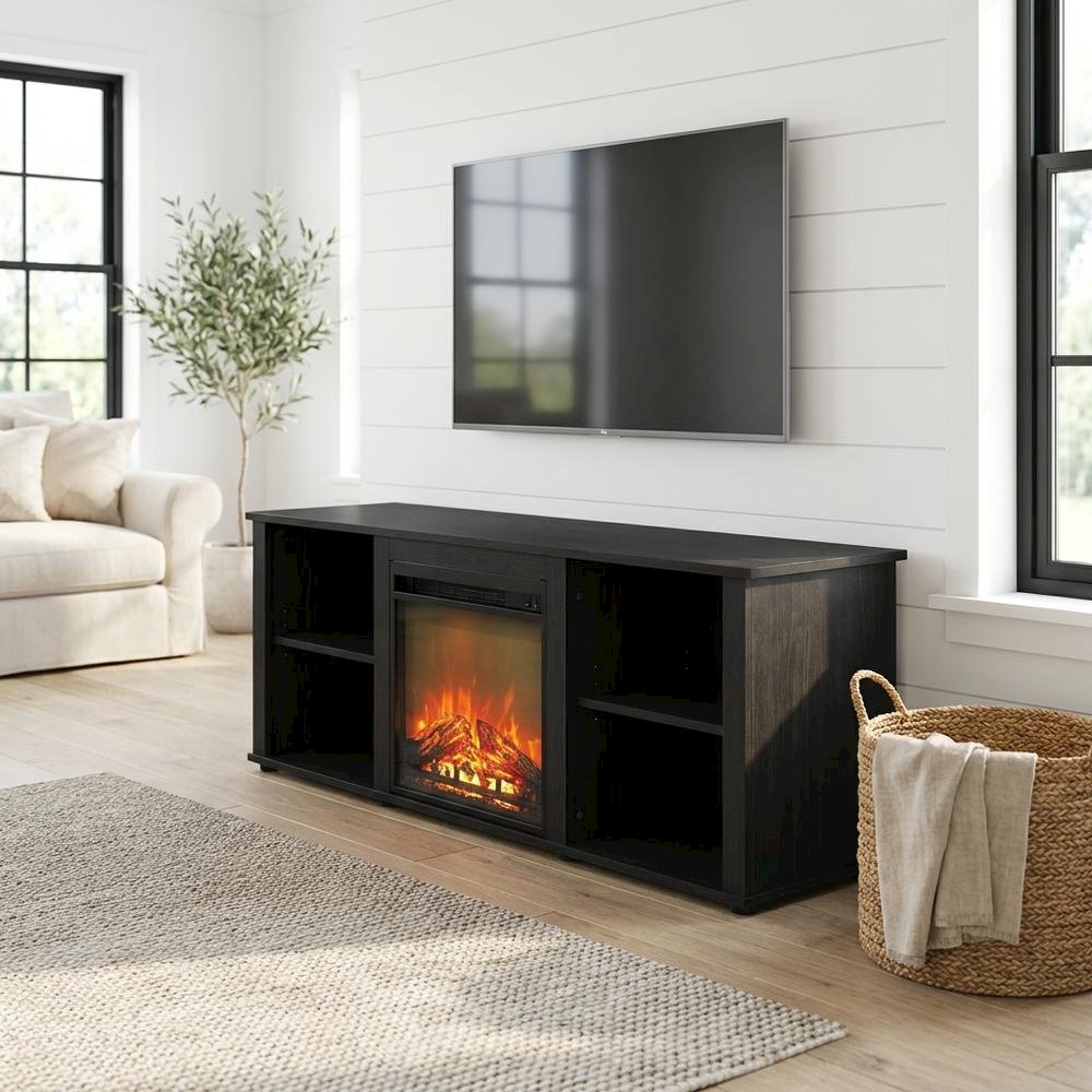 Wood TV stand, fireplace, Americano finish, modern design, multi-functional. Picture 2