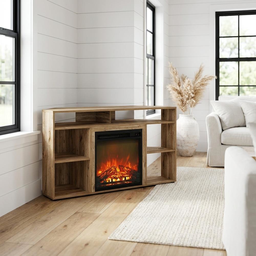 Brown Corner TV Stand with Fireplace for 55-Inch Screens in Rustic Wood Finish. Picture 2