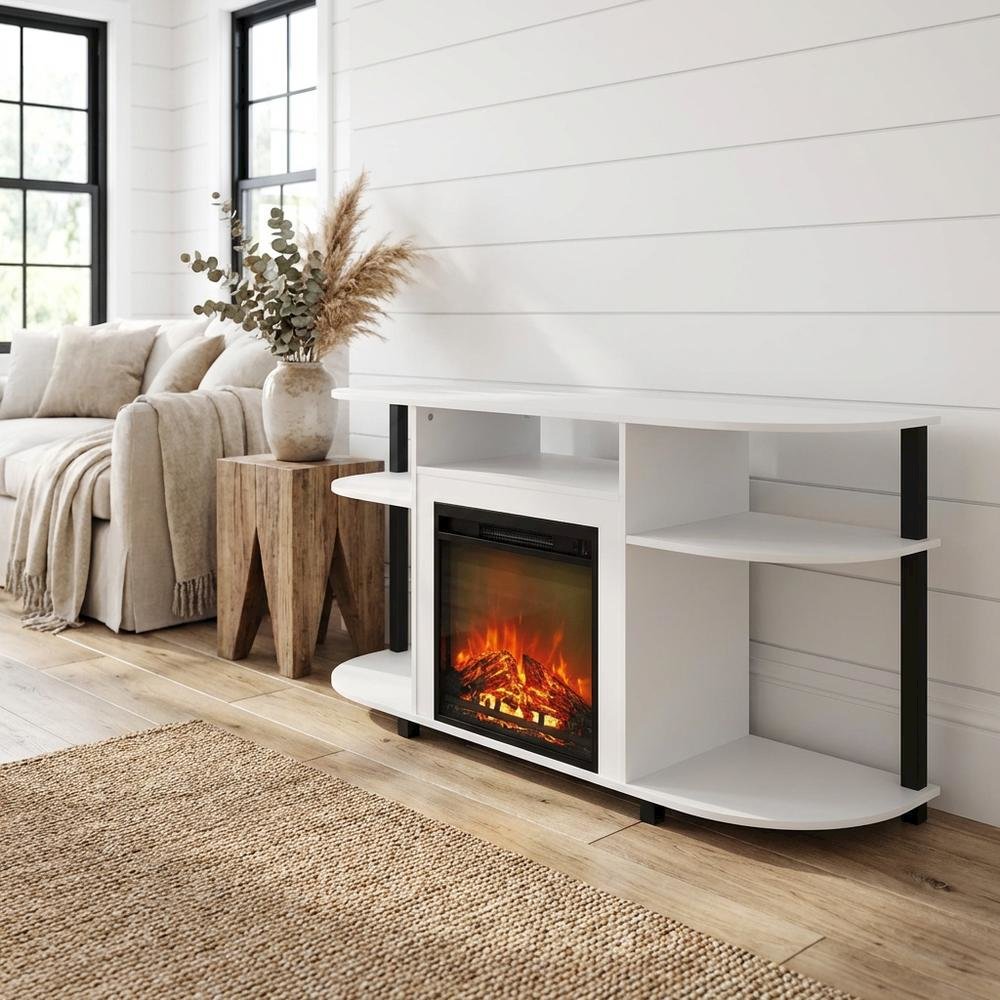 White Entertainment Center Stand with Fireplace for 55-Inch TVs, Solid Wood. Picture 2