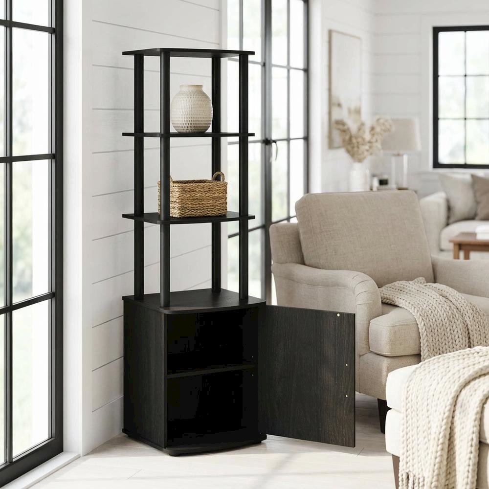 Wooden TV Stand with 3-Tier Height and Storage Cabinet, Blackwood/Black. Picture 2