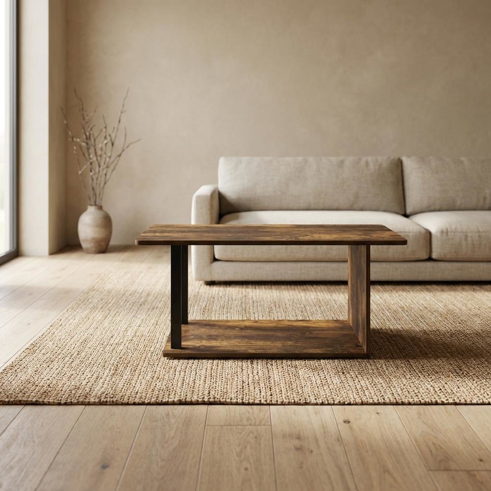 Modern Amber Oak Coffee Table with Open Shelf and 2 Tiers. Picture 3