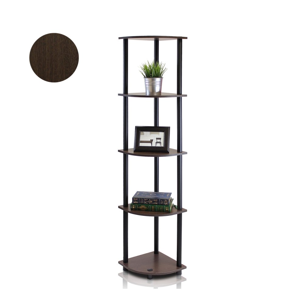 Turn-N-Tube 5 Tier Corner Display Rack Multipurpose Shelving Unit, Dark Brown Grain/Black. Picture 1