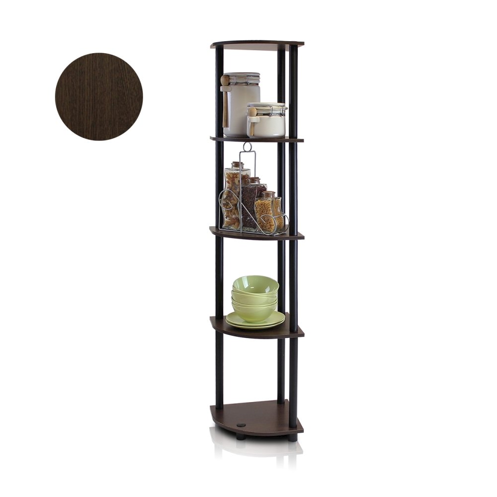 Turn-N-Tube 5 Tier Corner Display Rack Multipurpose Shelving Unit, Dark Brown Grain/Black. Picture 2