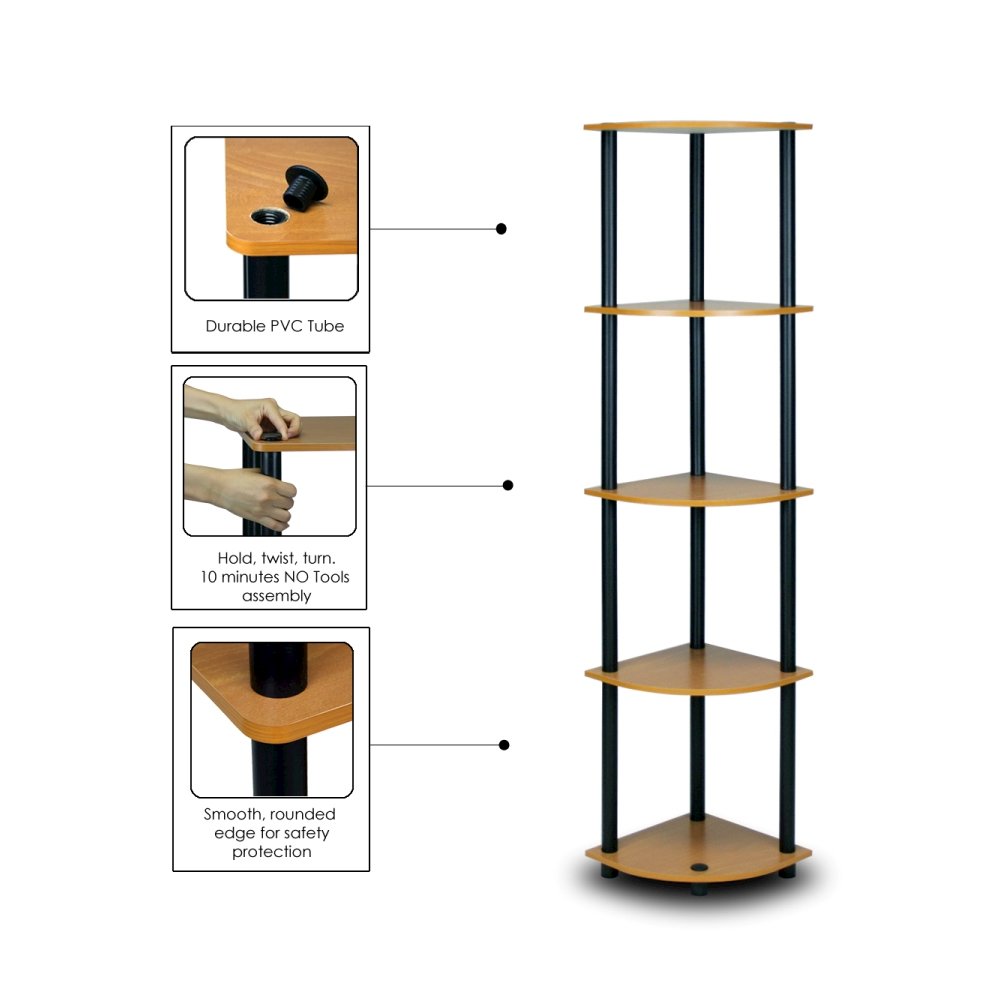 Turn-N-Tube 5 Tier Corner Display Rack Multipurpose Shelving Unit, Light Cherry/Black. Picture 4