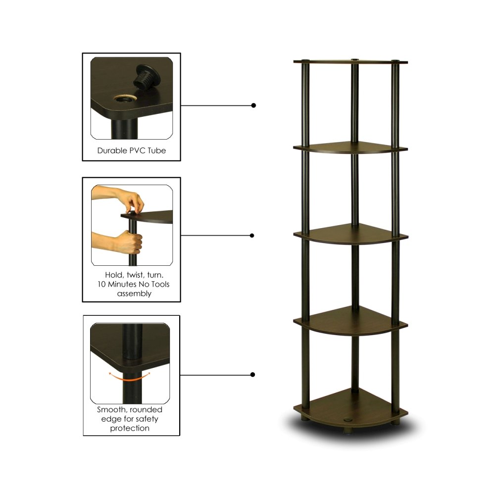 Turn-N-Tube 5 Tier Corner Display Rack Multipurpose Shelving Unit, Espresso/Black. Picture 3
